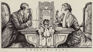 Cupido a orquestrar uma chamada telefónica entre um homem e uma mulher (litografia) de American School