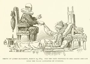 Morte da Rainha Elizabeth, 24 de março de 1603, Durante dez dias antes de sua morte, ela se deitou no chão apoiada por Almofadas de American School