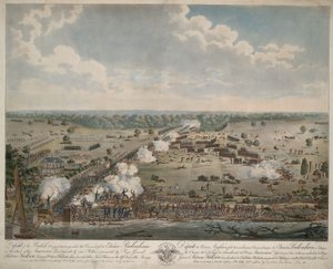 Derrota do Exército Britânico (Batalha de Nova Orleans), pub. 1815 (gravura colorida à mão) de American School