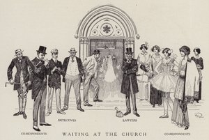 Detectives, advogados e correspondentes à espera do fim de um casamento na igreja (litografia) de American School