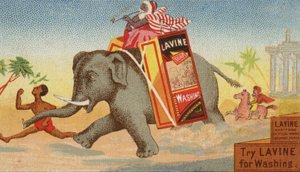 Elefante correndo com caixa de sabão de lavagem de American School
