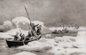 Elisha Kent Kane, líder da Segunda Expedição Grinnell de 1853, em busca da expedição perdida do Capitão Sir John Franklin nas regiões árcticas, de The History of Our Country, publicado em 1905 (litografia) de American School