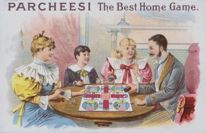 Família jogando um jogo de Parcheesi (chromolitho) de American School