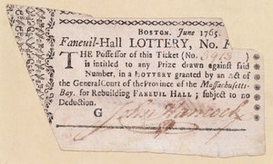 Bilhete de loteria Faneuil-Hall, assinado por John Hancock (1737-93) 1765 (tinta no papel) de American School