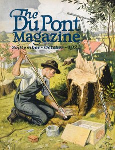 Agricultor plantando dinamite DuPont, capa da revista DuPont, setembro-outubro de 1922 de American School