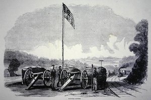 Bateria federal de saco de areia para proteger a ferrovia durante a Guerra Civil Americana (1861-65) (litho) de American School
