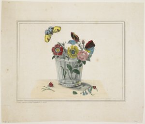 Flores em um copo, com borboleta (litho colorido à mão) de American School