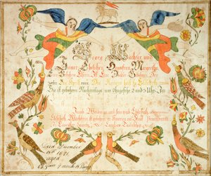 Fraktur para a certidão de nascimento e de batismo de Elizabeth Wachter (1808-71) 1808 (tinta e aguarela sobre papel) de American School