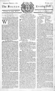 Primeira página do Boston Evening Post anunciando a morte do rei George II (1683-1760), 5 de janeiro de 1761 (impressão) de American School