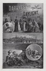 Frontispício para as Trevas e a Luz do Dia, ou Luzes e Sombras da Vida de Nova Iorque pela Sra. Helen Campbell (litho) de American School