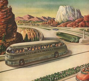 Ônibus Futurista de Passageiros Viajando em uma Rodovia no Sudoeste Americano de American School