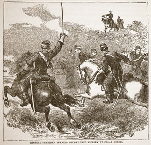 O general Sheridan transformando a derrota em vitória em Cedar Creek, de um pub de livros. 1896 de American School