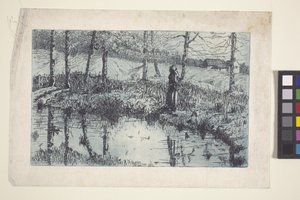 Girl By Pond (gravura e tom de prato impresso em azul) de American School