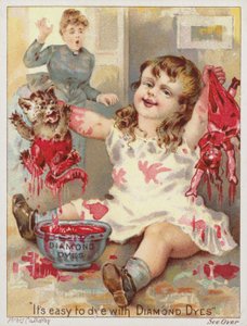 Menina, mergulhar, gato, e, boneca, em, vermelho, tintura de American School