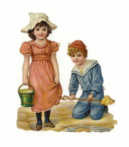 Menina e menino construindo castelos de areia de American School