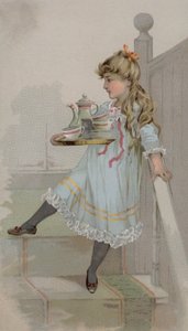 Menina carregando um pote de café em uma bandeja de American School