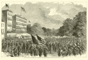 Grande revisão em Washington, veteranos de Shermans marchando pela Pennsylvania Avenue, em maio de 1865 de American School