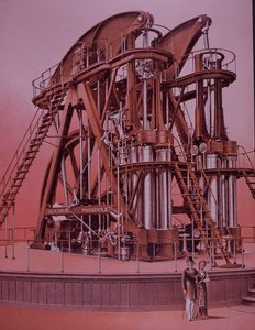 Grande máquina a vapor Corliss na Exposição da Filadélfia de American School