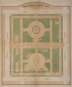 Planta baixa dos edifícios da Grande Feira Sanitária Central, Logan Square, junho de 1864 (litografia a cores) de American School