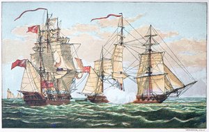HMS Shannon vs o Chesapeake americano em 1813 durante a Guerra de 1812 (cor litho) de American School