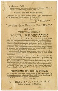 Halls Vegetable Sicilian Hair Renewer, restaura o cabelo grisalho à sua cor original e previne a calvície. Verso, (litografia [cartão comercial]) de American School