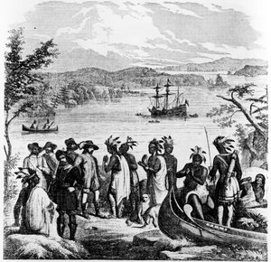 Henry Hudson Descendo o Rio Hudson, ilustração do Companheiro da Sala de Desenho Pictórica de Ballou, 12 de abril de 1856 de American School