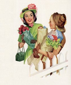 Donas de casa a conversar depois de regressarem das compras de American School