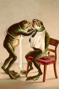 Ilustração humorística de uma rã a fazer a barba de American School