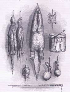 Saco de medecina indiano, apito misterioso, batalhas e tambor 1661, ilustração de Cassell