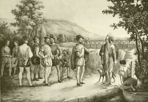 Jacques Cartier, sua primeira entrevista com os índios em Hochelaga agora Montreal em 1535, c.1850 de American School