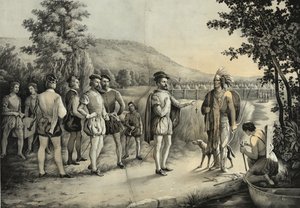 Jacques Cartier, sua primeira entrevista com os índios em Hochelaga agora Montreal em 1535, c.1850 de American School