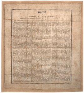 Jeffersons primeiro discurso inaugural, impresso por Pechin, Baltimore, 4 de março de 1801 (lito em seda) de American School
