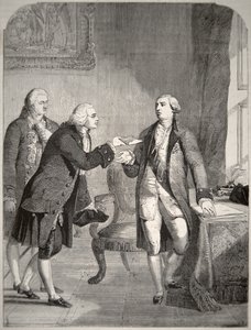 John Adams (1735-1826) como primeiro embaixador americano na corte inglesa, apresentando suas credenciais ao rei George III (1738-1820) (litografia) de American School