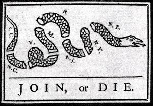 Join ou Die, desenho, considera o primeiro desenho animado político, publicado no "Pennsylvania", Gazette de Benjamin Franklin em 1754. Representa uma cobra dividida em várias secções com a lenda "Join or Die". Este é um apelo aos 13 c de American School