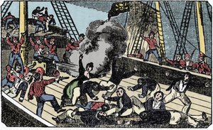 La mort du pirate gentilhomme Jean Lafitte (1780-1826), gravura de "The pirate own book" 1837. de American School