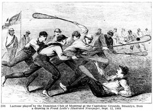 Lacrosse jogado pelo Dominion Club of Montreal no Capitoline Grounds, Brooklyn, a partir de um sorteio no Illustrated Newspaper de Frank Leslie de American School