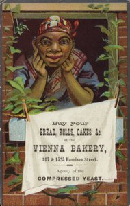 Senhora na janela de publicidade de padaria de Viena