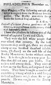 Carta anunciando a chegada dos capitães Lewis e Clark, do The Boston Intelligencer, 19 de novembro de 1806 (impressão) de American School