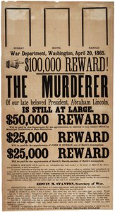Cartaz de recompensa ao assassinato de Lincoln, 20 de abril de 1865