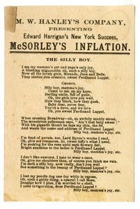 MW Hanleys Col apresenta o último sucesso de NY de Edward Harrigans, McSorleys Inflation [cartão de teatro]. Verso, c.1882 (litografia [cartão comercial]) de American School