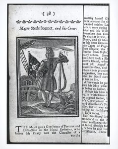 Major Stepe Bonnet, página 38 de Histórias e Vidas de Todos os Piratas Mais Notórios e suas Tripulações, Londres, 1725 de American School