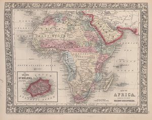 Mapa da África mostrando suas descobertas mais recentes com a Ilha de Santa Helena inserida do novo atlas geral de Mitchells, 1863 (gravura colorida)