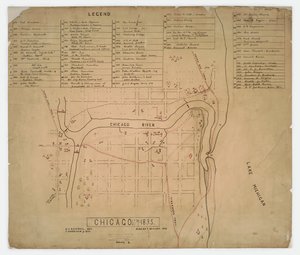 Mapa de casas e locais históricos em Chicago, Illinois, c.1835 de American School