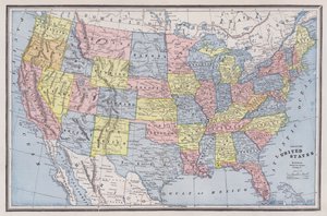 Mapa dos Estados Unidos da América (gravação colorida) de American School