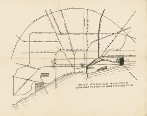 Mapa mostrando as ligações ferroviárias ao local proposto para a Exposição Mundial da Colúmbia na Costa Norte de American School