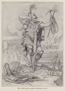 Marte, o deus romano da guerra, segurando pás e arame farpado utilizados na guerra de trincheiras (litografia) de American School