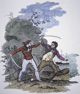 Mary Read luta contra outro pirata para salvar a vida do seu amante masculino (gravura colorida) de American School
