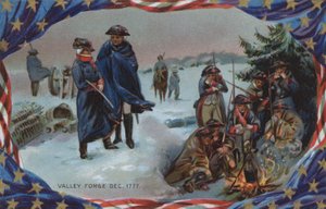 Cartão do Dia da Memória, Valley Forge, dezembro de 1777 (litografia a cores) de American School