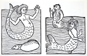 Sereias e Mermen, do Guia Mundial para Gnomos, Fadas, Elfos e outras pessoas pequenas por Thomas Keightley (1789-1872) Publicado em 1880, (BW Gravura)