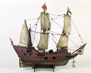 Modelo da Meia Lua, Henry Hudsons Ship, 1825-1900 (madeira, lona, metal, tinta, corda)